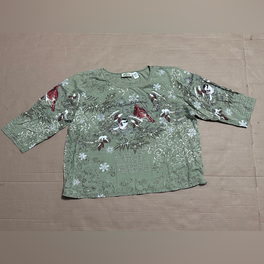 Olive Green Top with cardinal Design
